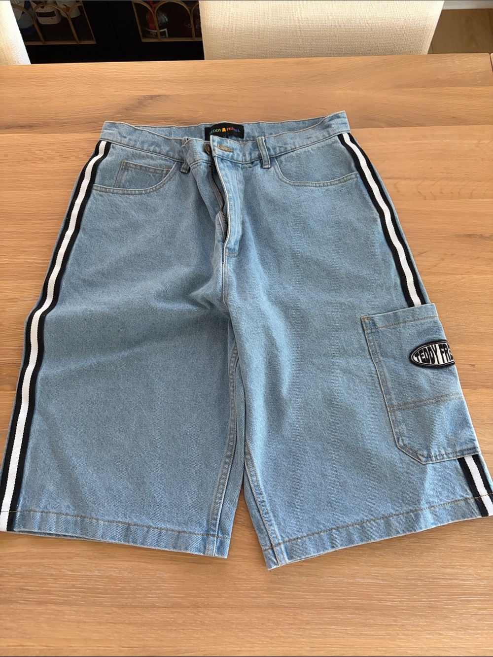 Teddy Fresh Light Blue Denim Cargo Shorts with Black-Trim Side Stripes